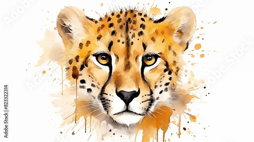 water color illustration of a cheetah face front view on white background