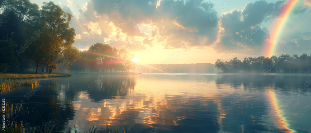 A serene lake reflecting a rainbow in the sky A serene lake reflecting a rainbow in the sky