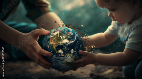 Streit um die Erde und Umwelt Gerechtigkeit Erwachsener und Kind mit Erdkugel Globus Generative AI photo