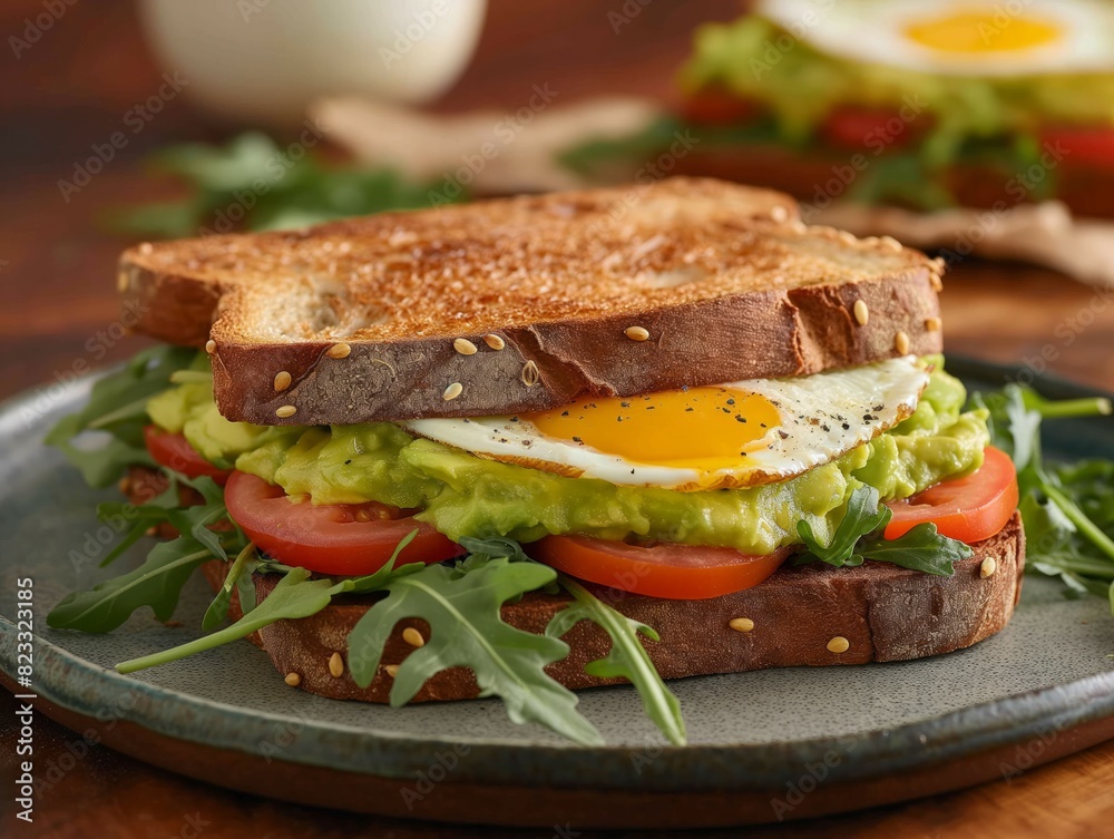 A sandwich with avocado, tomato, and egg on a plate. The sandwich is toasted and has a green leaf on top A sandwich with avocado, tomato, and egg on a plate. The sandwich is toasted and has a green leaf on top