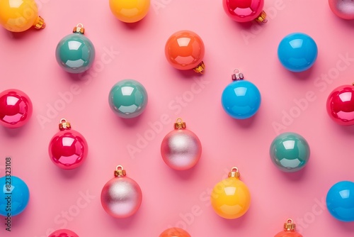 An assortment of colorful Christmas baubles arranged on a pink background. Ideal for festive holiday designs and cheerful seasonal promotions.