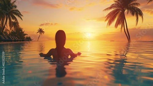 A silhouette of a person enjoying a sunset from an infinity pool surrounded by palm trees, capturing a serene holiday vibe. © Zhanna