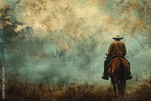Lonely cowboy riding a horse in a serene, misty landscape, capturing the essence of the wild west with rich, atmospheric tones.