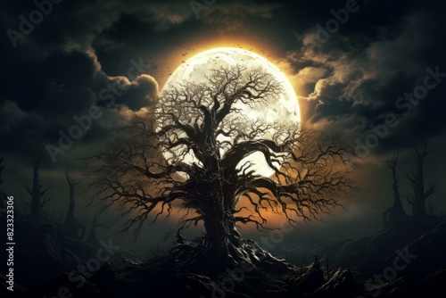 Hauntingly beautiful bare tree silhouetted by a full moon on a dark, starless night photo