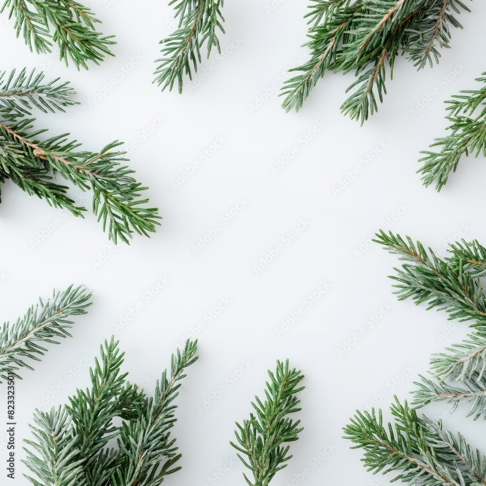 Green pine branches arranged in a frame on a white background. Ideal for Christmas and New Year designs. Green pine branches arranged in a frame on a white background. Ideal for Christmas and New Year designs.