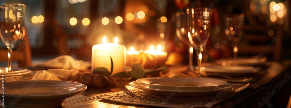 Vacant spot at a dinner table, plates set, candles burning, warm lighting, side-angle shot, intimate atmosphere 