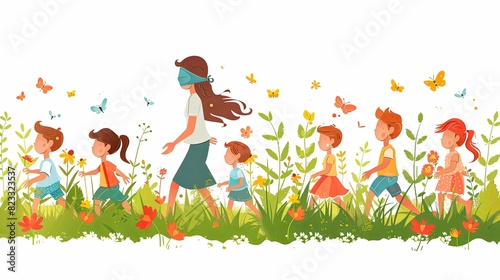 Kids playing hide and seek  outdoor game. Woman blindfold and children  joyful activity in nature. Happy summer recreation with boys and girls. Flat vector illustration isolated on white background