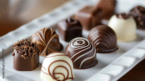 A group of assorted gourmet chocolates displayed on a elegant white plate, each piece intricately decorated with swirls and patterns. The chocolates are set against a soft, blurred background,