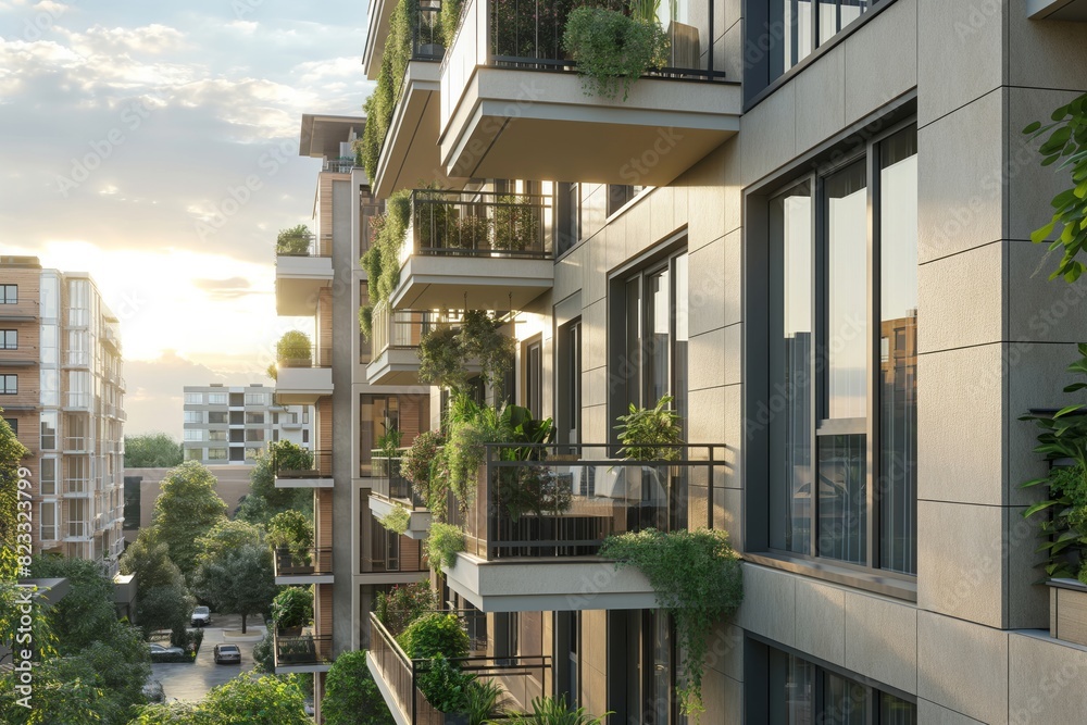 Fototapeta premium Contemporary Apartment Building with Greenery-Filled Balconies for Sustainable Urban Living