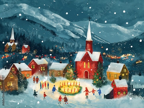 Obraz na płótnie A painting of a small town with a church and a Christmas tree. The people are playing in the snow and the church is lit up w salonie