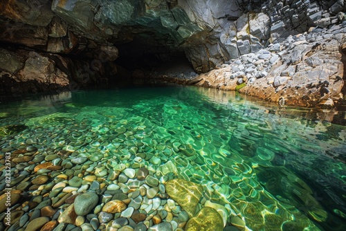 The serene image captures clear water in a cave with sunlight illuminating colorful pebbles below
