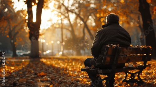 A dejected man sits alone on a park bench, autumn leaves scattered, sunset casting a golden glow, high-angle shot, somber mood, soft light 