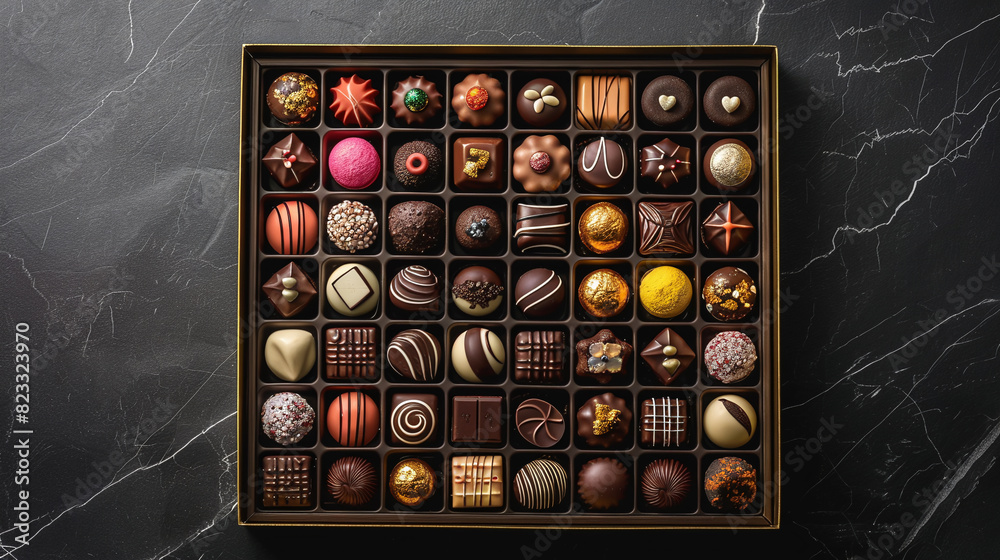 A mesmerizing array of assorted chocolates, elegantly arranged in a box, showcasing a variety of flavors and textures, perfect for celebrating World Chocolate Day. A mesmerizing array of assorted chocolates, elegantly arranged in a box, showcasing a variety of flavors and textures, perfect for celebrating World Chocolate Day.