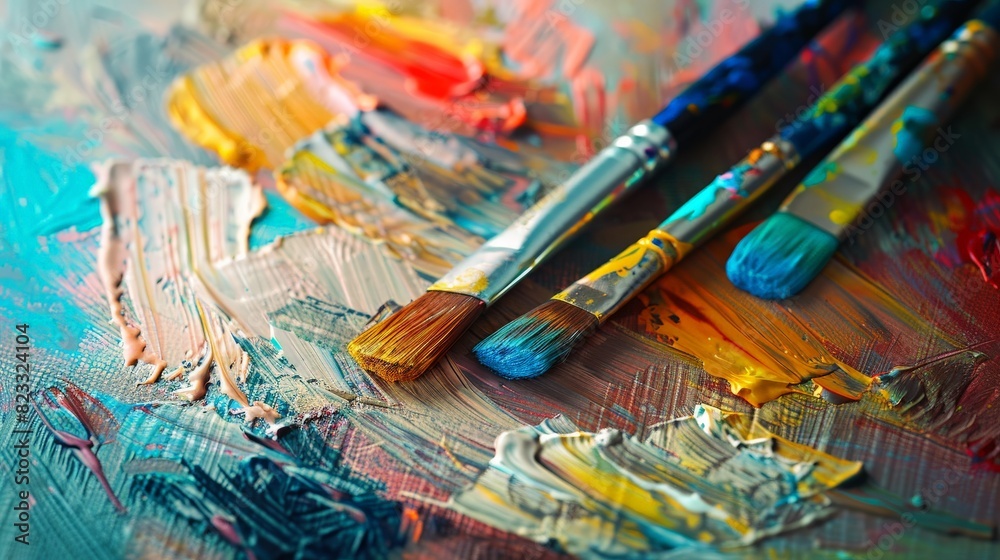 Art therapy session, vibrant paints and brushes, bright natural light, creative and calming Art therapy session, vibrant paints and brushes, bright natural light, creative and calming