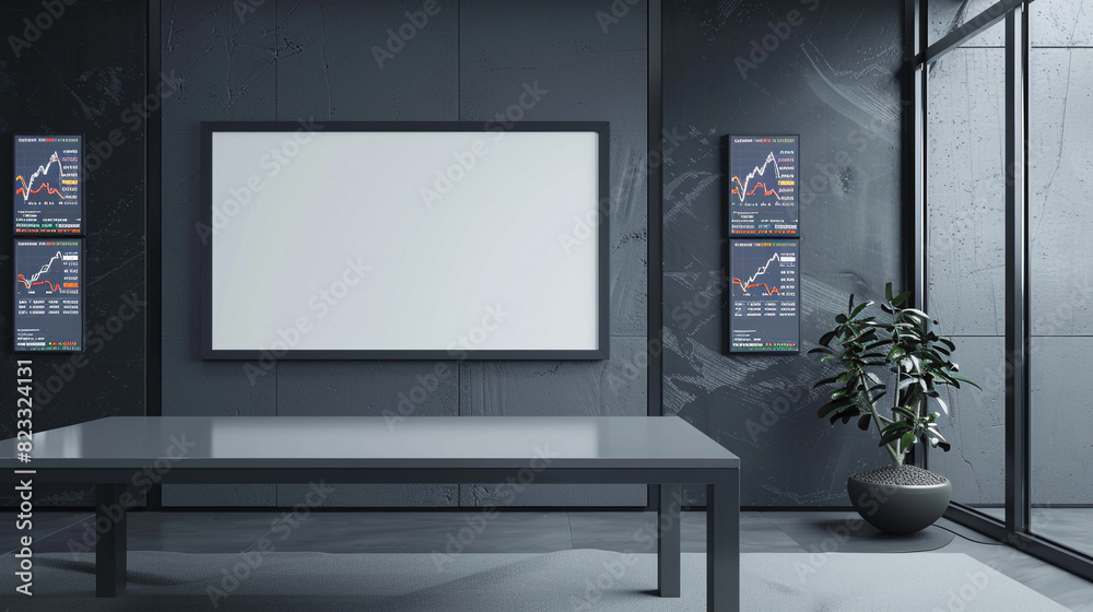 A modern finance office with a blank frame mockup under a grey table, deep grey walls displaying live stock market feeds.