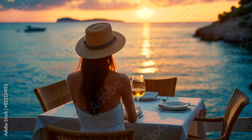Dinner overlooking the sea in a luxury hotel. A woman in a straw hat sitting at a romantic table overlooking the sea or ocean