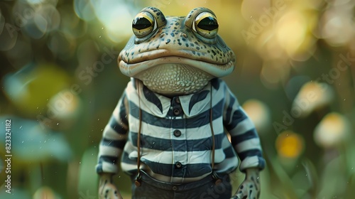 A little frog wearing a striped shirt and tiny suspenders