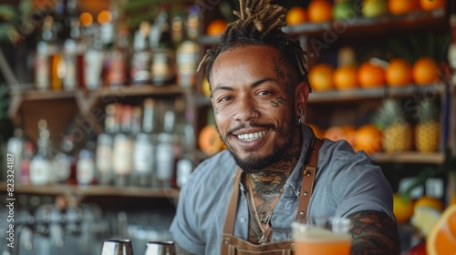 modern mixologist, a bartender with tattoos and piercings adeptly crafts a passion fruit cocktail in a trendy downtown bar, encircled by liquor bottles and fresh fruit