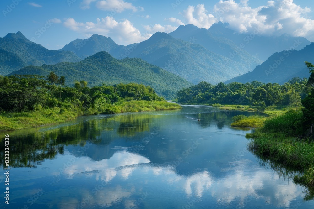 A serene river landscape showcasing reflections with mountains and lush greenery under a blue sky
