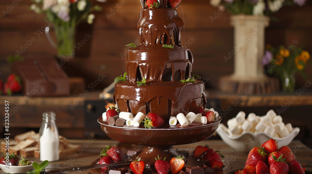 An elegant chocolate fondue fountain cascading with velvety melted chocolate. Fresh strawberries, marshmallows, and pieces of cake are arranged around the fountain, ready to be dipped and enjoyed.