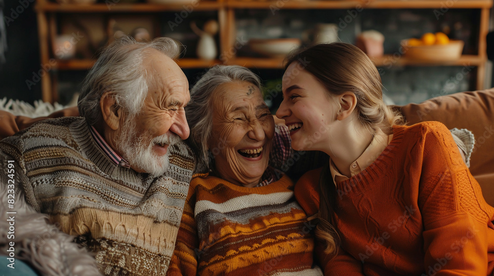 An elderly man with a beard and an elderly woman in a striped cardigan laugh with a young woman in an orange sweater on a cozy couch