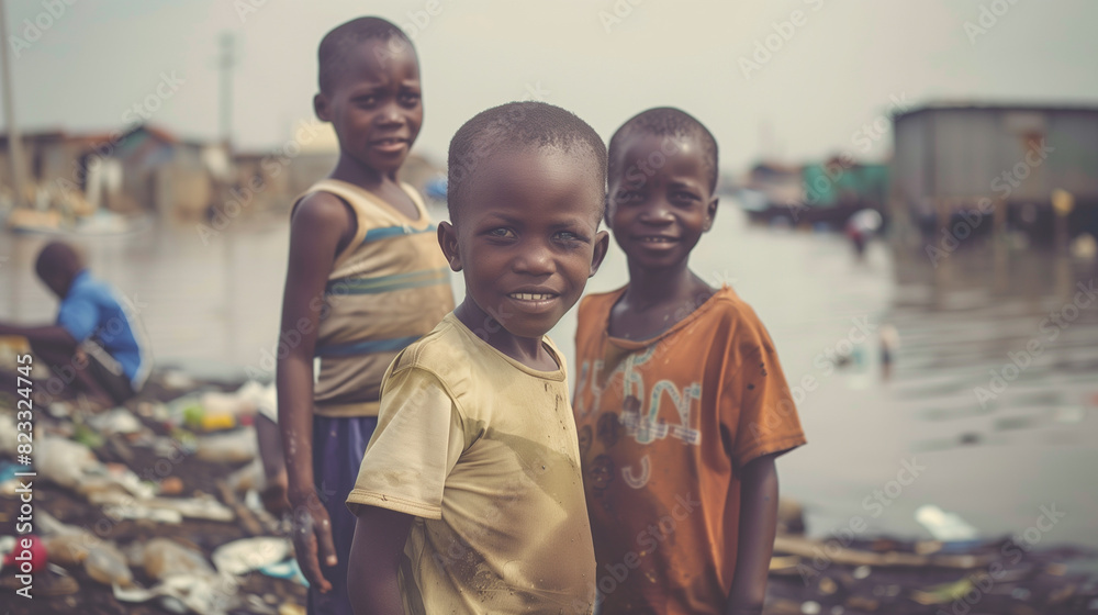 African poverty with a young impoverished boys in a polluted informal settlement African poverty with a young impoverished boys in a polluted informal settlement