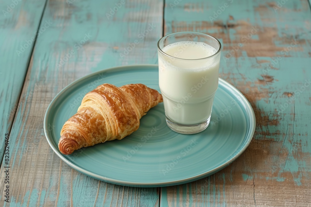 Croissant and Glass of Milk on Blue Plate for Breakfast and Culinary Themes Croissant and Glass of Milk on Blue Plate for Breakfast and Culinary Themes