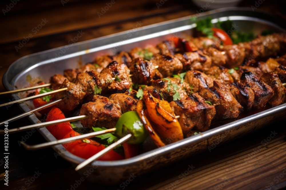 Delicious kebab on a plastic tray against a rustic wood background