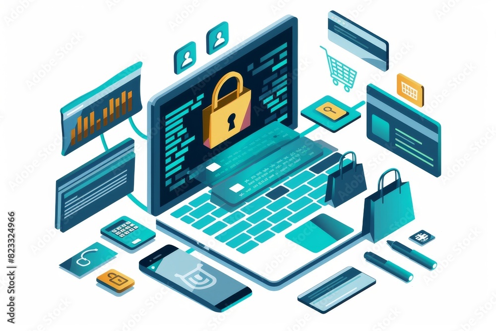 Futuristic Illustration of E commerce Security with Digital Locks, Shopping Elements, and Technology Icons Futuristic Illustration of E commerce Security with Digital Locks, Shopping Elements, and Technology Icons