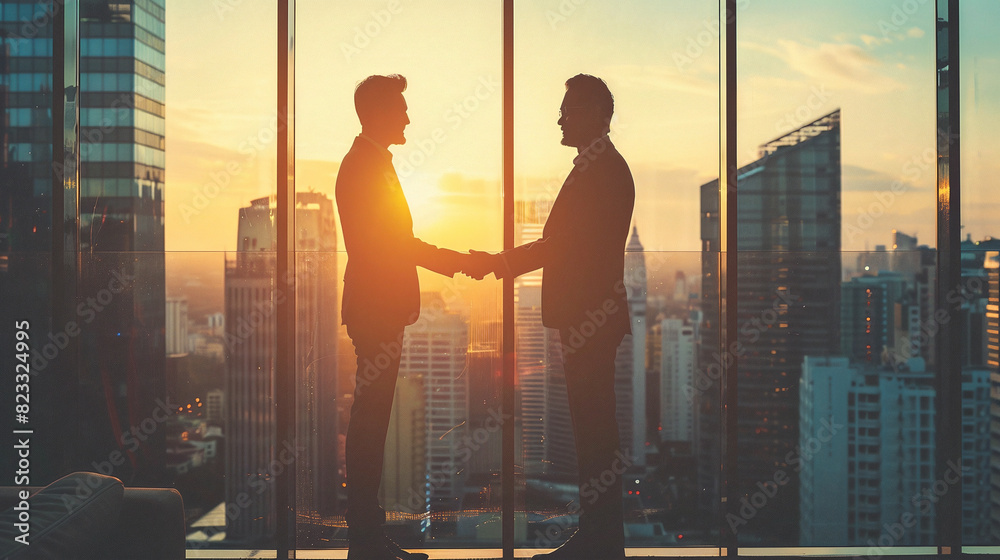 Businessmen greeting each other with a handshake in front of a large window, symbolizing a strategic partnership in the finance industry. Businessmen greeting each other with a handshake in front of a large window, symbolizing a strategic partnership in the finance industry.
