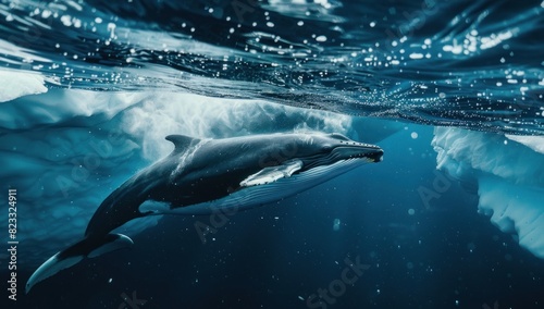 a realistic photo of A minke whale swimming in the icy waters near Greenland photo