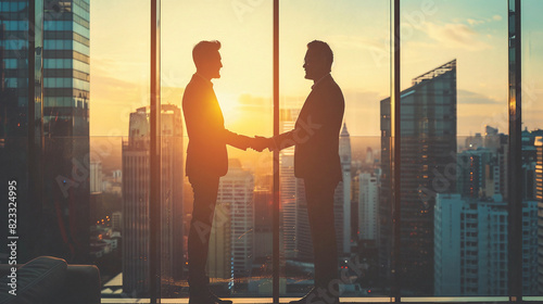 Businessmen greeting each other with a handshake in front of a large window, symbolizing a strategic partnership in the finance industry. © jiraporn