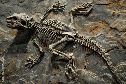 This high-quality image captures the intricate details of a well-preserved dinosaur skeleton embedded in rock