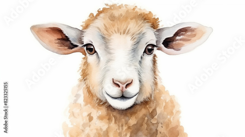 water color illustration of sheep face front view on white background 