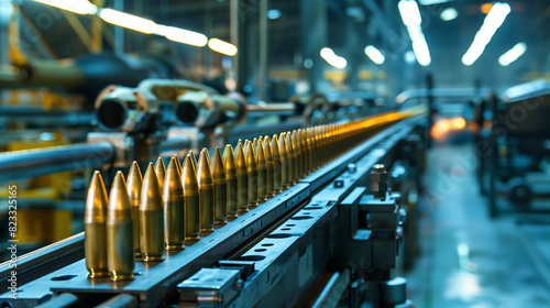 Close-up view of 155mm artillery shells in a factory assembly line, highlighting industrial machinery and manufacturing process photo