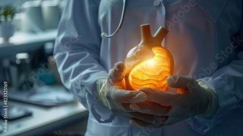Surgeon holding a heart in his hands.Model of the human Stomach photo