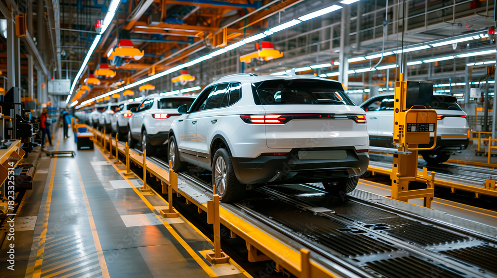 White SUVs on an assembly line in an automotive factory. Car manufacturing process. Automobile production concept.High-tech factory White SUVs on an assembly line in an automotive factory. Car manufacturing process. Automobile production concept.High-tech factory