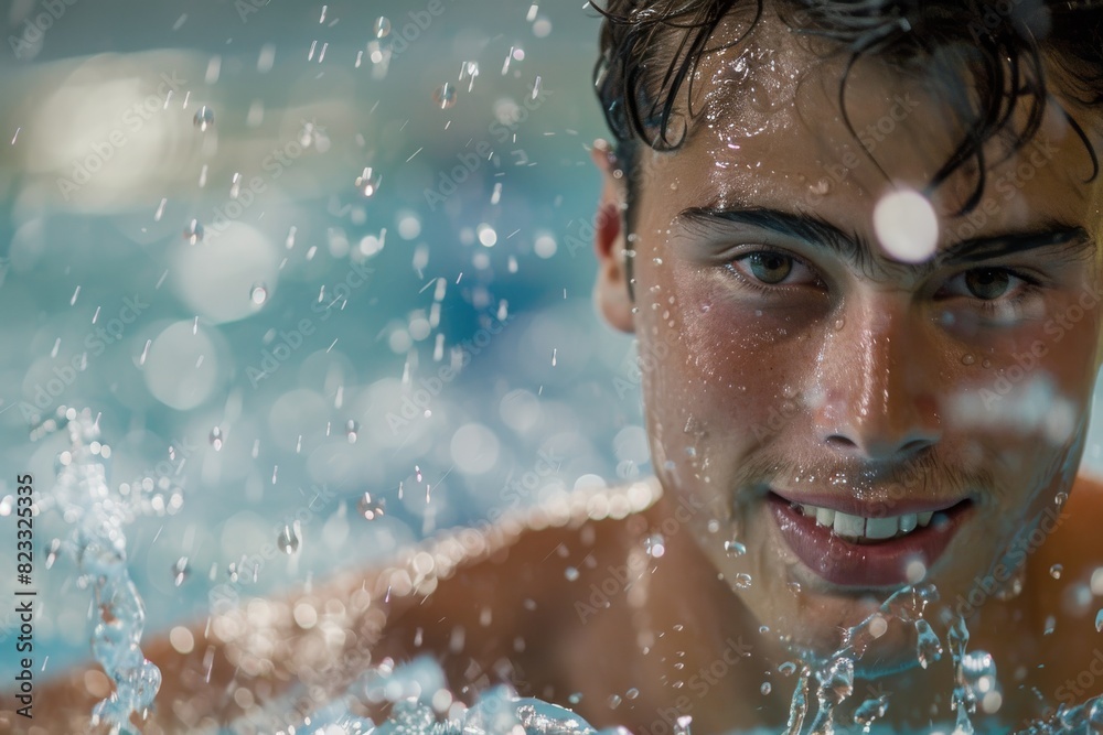 Male swimmer with captivating eyes emerging from the water surrounded by sparkling droplets Male swimmer with captivating eyes emerging from the water surrounded by sparkling droplets