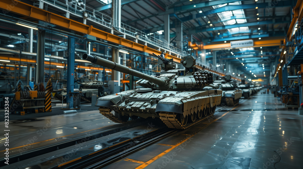 Rows of military tanks on an assembly line in a factory, highlighting advanced manufacturing processes and defense industry technology.