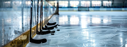 A row of shiny ice hockey sticks leaning against the boards of a rink with crisp white ice stretching out in the background ready for players to take to the ice and showcase their speed agility photo