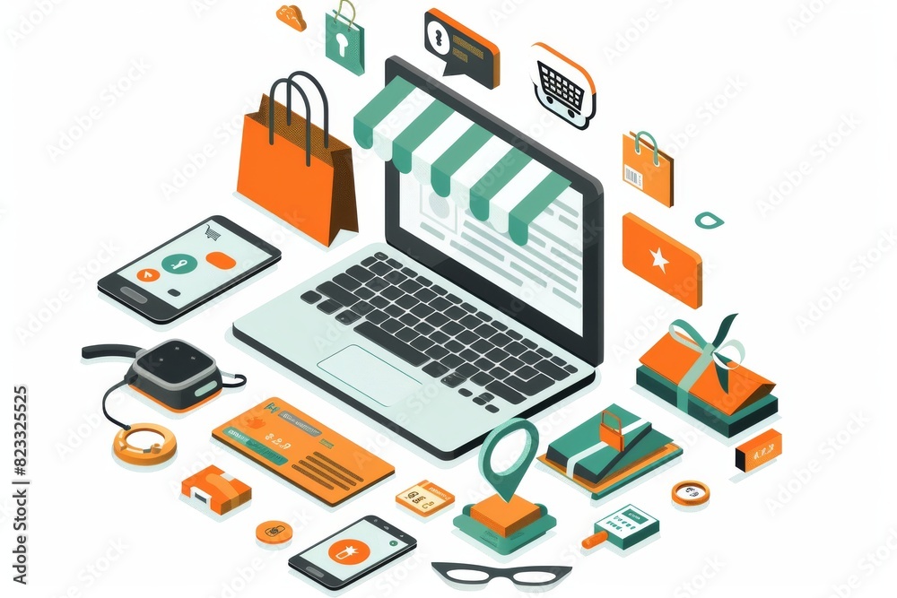 Creative Illustration of Secure E commerce Shopping with Digital Devices, Locks, and Shopping Icons Creative Illustration of Secure E commerce Shopping with Digital Devices, Locks, and Shopping Icons
