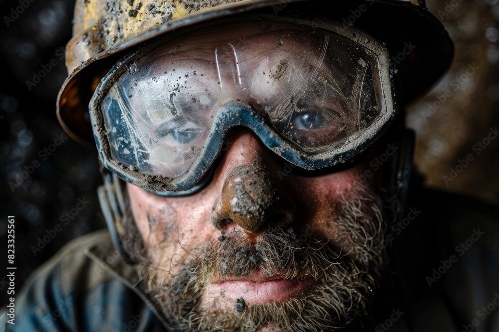 A miner's headshot with a blurred face, focusing on helmet and safety gear