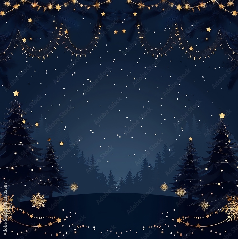 A Christmas card vector illustration, garland of lights, Christmas trees, blue night sky and gold color scheme, a garland of christmas lights, copy space for text A Christmas card vector illustration, garland of lights, Christmas trees, blue night sky and gold color scheme, a garland of christmas lights, copy space for text