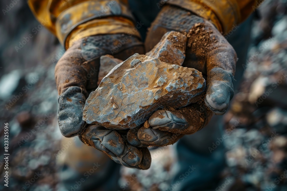 Close-up of weathered gloves cradling a rough stone, representing geology in action Close-up of weathered gloves cradling a rough stone, representing geology in action