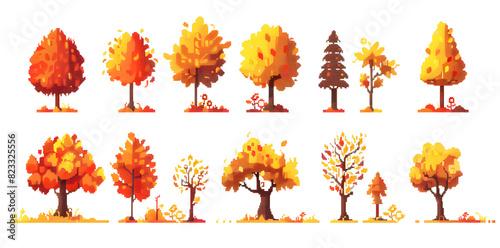 Pixel autumn yellow trees and bushes collection for arcade game assets isolated on white background #823325556