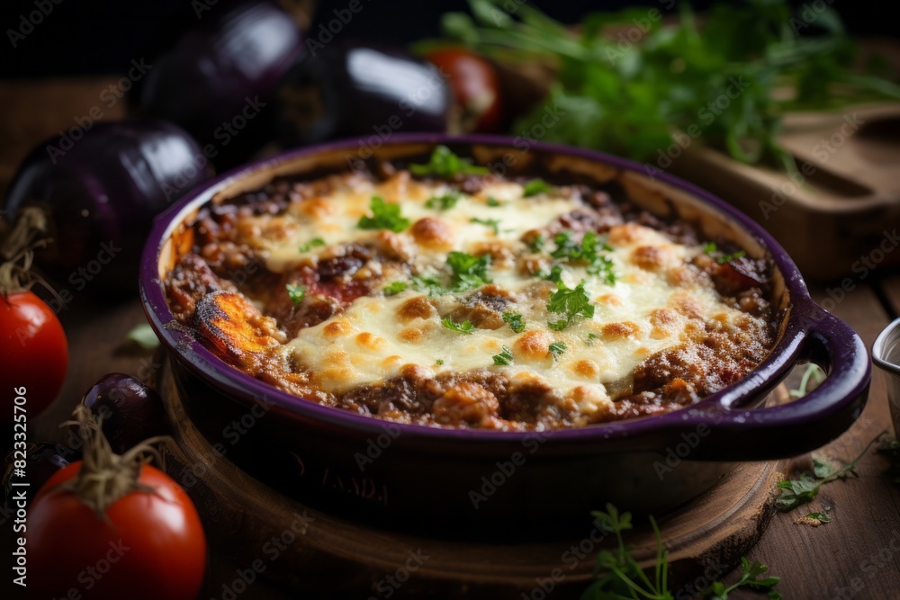 Refined moussaka in a clay dish against a rustic wood background