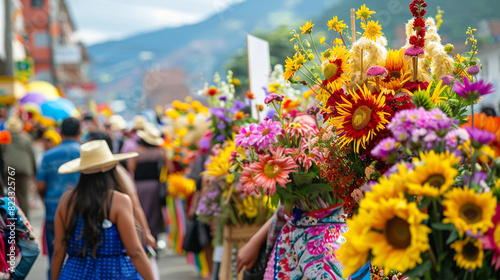 Colorful flowers fill the streets as people celebrate Feria de las Flores, a vibrant festival of flowers and culture in Medellín, Colombia. The image captures the joyous atmosphere with crowds