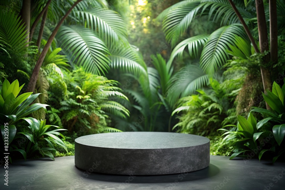 A circular podium for advertising products made of gray stone against a background of tropical leaves in the jungle. An empty stand made of natural stone for the demonstration of cosmetic products. A circular podium for advertising products made of gray stone against a background of tropical leaves in the jungle. An empty stand made of natural stone for the demonstration of cosmetic products.