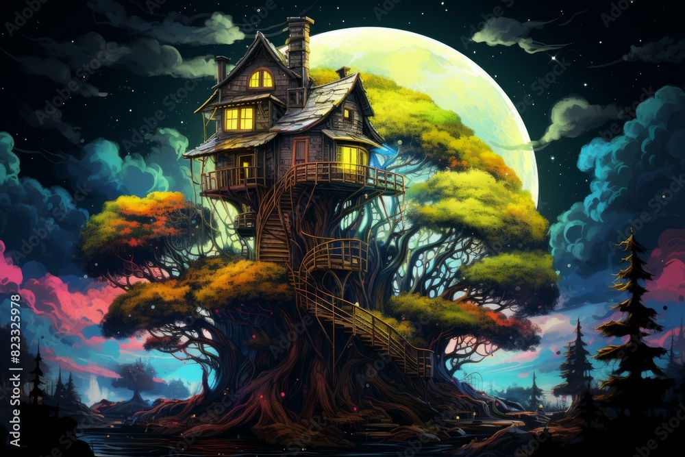 Mystical and enchanted treehouse under the full moon in a fantasy ...