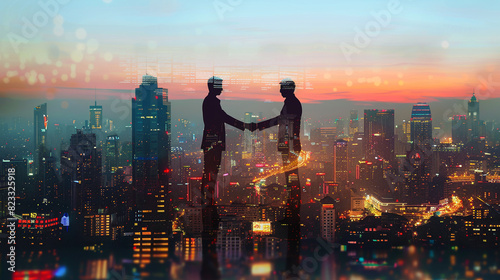 Two business partners greeting each other with a firm handshake  representing a merger and acquisition agreement  with a city skyline in the background.